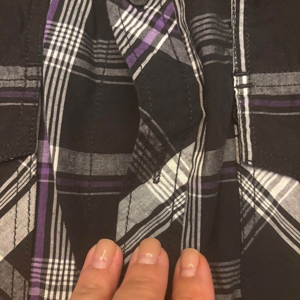No Fear 90s Men's Medium Plaid Short Sleeve Button Up Shirt - Black Purple White - Picture 4 of 16